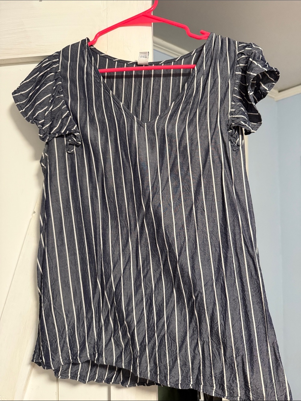 Old Navy Navy and White Vertical Stripe V-Neck Ruffle Sleeve Top